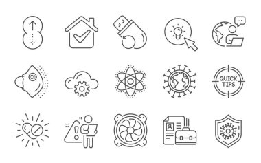 Tıbbi maske, kimya atomu ve Coronavirus koruma hattı simgeleri hazır. Coronavirus, Enerji ve Bilgisayar fan işaretleri. Boşluk, ani hafıza ve bulut hesaplama sembolleri. Satır simgeleri ayarlandı. Vektör