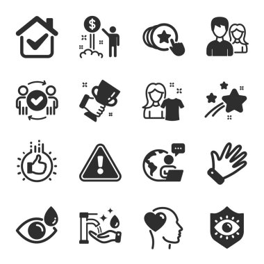 Gelir parası, göz damlası, temiz gömlek sembolleri gibi simgeler. Takım çalışması, onaylanmış takım çalışması, el işaretleri gibi. Arkadaş, göz koruması, galibiyet kupası. Elini tut, kalbini tut, ellerini yıka. Vektör