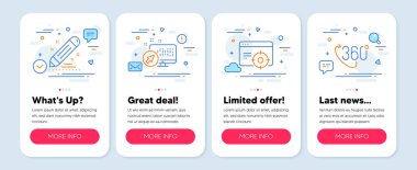Web sistemi, Seo hedeflemesi, marka sözleşmesi sembolleri gibi bir dizi teknoloji simgesi. Mobil uygulama modelleme pankartları. 360 derecelik çizgi simgeleri. Bilgisayar, Performans, Düzenleme raporu. Sanal gerçeklik. Vektör