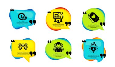 Aşk bileti, Grup ve Kullanıcı Bozuklukları simgeleri basit bir set. Tırnak içinde konuşma balonu. Sunum, adalet terazisi ve kalp alev işaretleri. Kalp, kelle avcılığı, nakit ödeme. Vektör