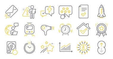Swipe up, Info, saç kurutma sembolleri gibi bir dizi teknoloji simgesi. Zaman, zaman yönetimi, yıldırım işaretleri. Grafik, Sadakat Ödülü, Roket. E-posta, kıdemli yıldız, onaylı kontrol listesi. Vektör