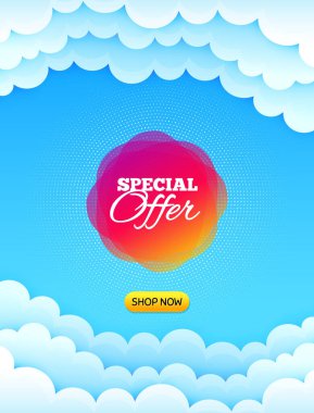 Özel teklif afişi. Mesaj içeren bulutlu gökyüzü arkaplanı. İndirimli çıkartma şekli. İndirim kuponu ikonu. En iyi reklam kuponu bulut afişi. Özel teklif rozet şekli. Vektör