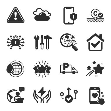 Arama uçuşu, akıllı telefon koruması, Spanner araç sembolleri gibi iş simgeleri. Bulutlu hava, kolajen cilt, doğru yol işaretleri. Kamyon parkı, güvenli enerji, dünya suyu. Yıldız. Vektör