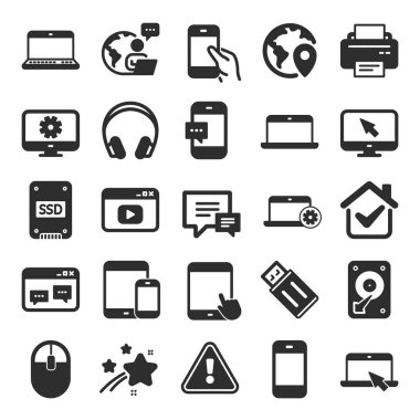 Mobil Aygıt simgeleri. Laptop, Tablet PC ve Smartphone tabelaları. HDD, SSD ve Flash sürücüler. Kulaklıklar, yazıcılar ve fare simgeleri. Konuşma baloncukları. Düz simge seti. Vektör