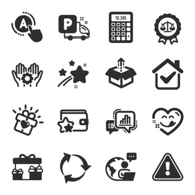 Sürpriz kutular, sadakat programı, grafik çizelgesi sembolleri gibi iş simgeleri. Ab testi, adalet terazisi, aşk işaretleri. Kamyon parkı, hesap makinesi, tatlı bir gülümseme. Kutu gönder, Geri Dönüşüm. Vektör