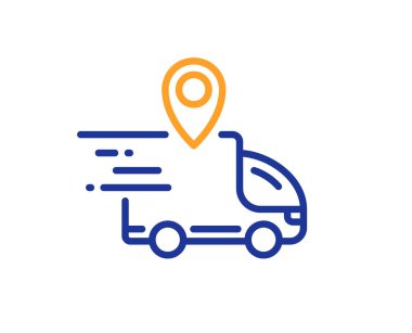 Teslimat kamyonu ikonu. Kurye konumu işareti. Sipariş teslim sembolü. Kalite tasarım elemanı. Hat tarzı teslimat kamyonu ikonu. Düzenlenebilir felç. Vektör