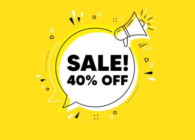 % 40 indirimli. Megafon sarı vektör pankartı. Promosyon fiyatı tabelası. Satış rozeti sembolü. Tırnak içinde düşünce balonu. Satılık sohbet, megafon mesajını düşün. Vektör