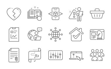 Artırılmış gerçeklik, Grup ve Hedef yol çizgisi simgeleri ayarlandı. Uluslararası Küre, Seo stratejisi ve Teknik Belgeler. Alışveriş sepeti, kırık kalp ve bağlılık sembolleri. Vektör