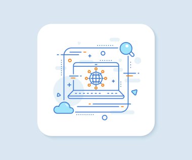 İş ağı çizgisi simgesi. Soyut vektör düğmesi. Uluslararası iş sembolü. Küresel iletişim işareti. Uluslararası dünya çizgisi simgesi. Laptop konsept rozeti. Vektör