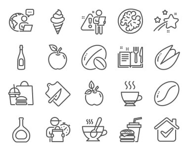 Yiyecek ve içecekler belirlenmiştir. Şampanya, soya fıstığı, kahve çekirdeği tabelaları gibi ikonlar da var. Espresso, kesme tahtası, çay fincanı sembolleri. Çevre yemeği, Ceviz, Hamburger. Yemek tarifi kitabı, fıstıklı, elmalı. Vektör