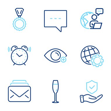 İş simgeleri ayarlandı. Madalya, Mail, Uzaklık işaretleri gibi simgeleri de içeriyor. Şampanya bardağı, blog, sigorta el sembolleri. Globe, Alarm saat çizgisi simgeleri. Kazanan, yeni mesajlar. Satır simgeleri ayarlandı. Vektör