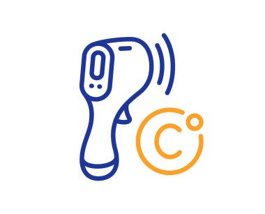 Elektronik termometre çizgisi simgesi. Sıcaklık tarayıcı işareti. Ateş ölçme sembolü. Kalite tasarım elemanı. Hat stili elektronik termometre simgesi. Düzenlenebilir felç. Vektör