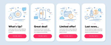 Takvim, Zamanlayıcı, Buzdolabı sembolleri gibi bir dizi teknoloji simgesi. Mobil uygulama modelleme pankartları. Bitcoin proje çizgisi simgeleri. Zaman, teslim tarihi yönetimi, buzdolabı buz makinesi. Vektör