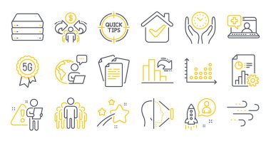 Güvenli zaman, azalan grafik, belge sembolleri gibi bir dizi bilim simgesi. Tıbbi yardım, Dot planı, grup işaretleri. Ekonomi paylaşımı, yüz tanıma, bahşişler. Başlangıç, rüzgarlı hava, 5G teknolojisi. Vektör