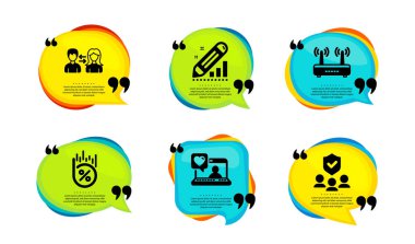 Wiifi, istatistikleri düzenle ve yüzde kredi simgeleri basit küme. Tırnak içinde konuşma balonu. İnsanlar iletişim kuruyor, arkadaşlar sohbet ediyor ve insanlar sigorta tabelaları imzalıyor. İnternet yönlendirici, Seo yönetici, indirimli. Vektör