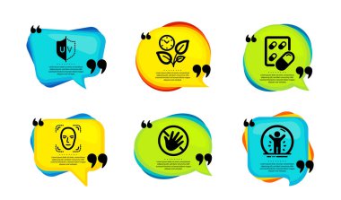 Yapraklar, yüz tanıma ve kapsül hap ikonları basit set. Tırnak içinde konuşma balonu. Dokunma, Uv koruması ve iyileşmiş insan işaretleri. Bitki yetiştirmek, insanları tespit etmek, ilaç kullanmak. Vektör