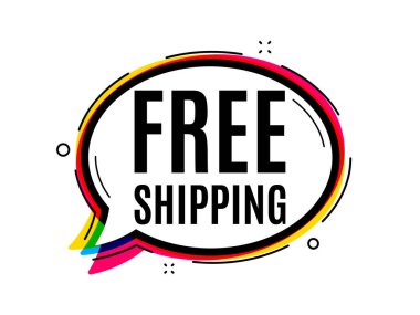 Ücretsiz nakliye. Konuşma balonu taşıyıcı pankartı. Teslimatta tabela vardı. Özel teklif sembolü. Düşünce ya da diyalog balonu şeklinde. Ücretsiz sevkiyat sohbet balonu. Bilgi bulutu mesajı. Vektör