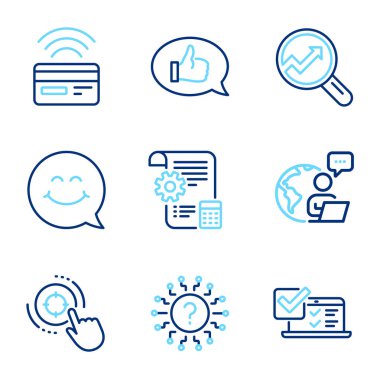 Teknoloji simgeleri ayarlandı. Ayarlar planı, Temassız ödeme ve geri bildirim işaretleri olarak simge dahil edildi. Analizler, gülen surat, Seo hedef sembolleri. Soru işareti, çevrimiçi araştırma hattı simgeleri. Vektör