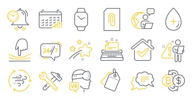 Spanner aracı, Elastic, 24 saat hizmet sembolleri gibi bir dizi teknoloji simgesi. Eklenti, artırılmış gerçeklik, indirimli etiketler. Yağ serumu, kısa mesaj, rüzgar enerjisi. Takvim çizelgesi. Vektör