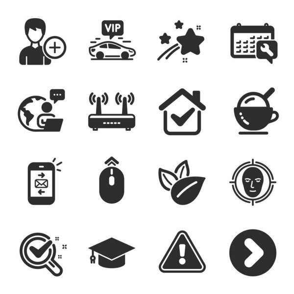 Набор бизнес-икон, таких как мороженое, Vip трансфер, Передние символы. Лицо обнаружить, добавить человека, Swipe вверх признаки. Выпускной колпачок, органический продукт, Wi-Fi. Ключ, химическая лаборатория, почта. Вектор