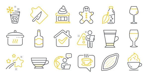 Set of Food and drink icons, such as Ice maker, Latte, Boiling pan symbols. Coffee cup, Cappuccino, Bordeaux glass signs. Cocoa nut, Cutting board, Beer glass. Whiskey bottle, Coffee. Vector