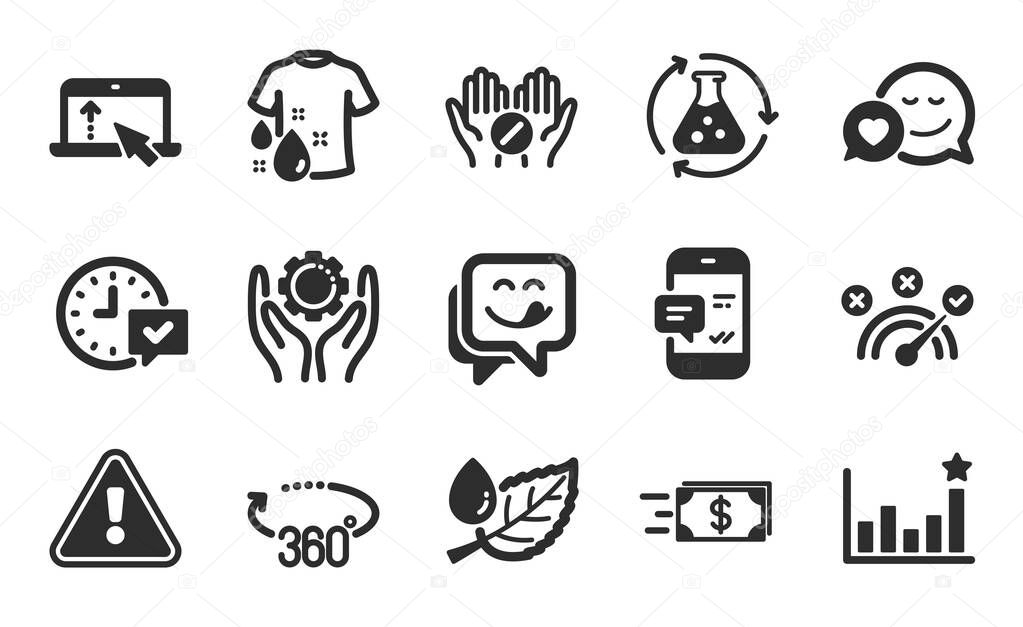 Swipe up, Dating and Smartphone notification icons simple set. Leaf dew, Money transfer and Yummy smile signs. Correct answer, Select alarm and Wash t-shirt symbols. Flat icons set. Vector