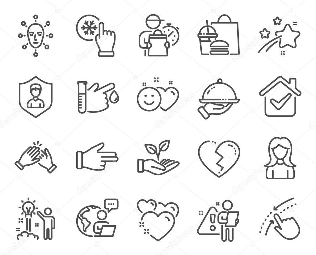 People icons set. Included icon as Freezing click, Blood donation, Broken heart signs. Security agency, Woman, Swipe up symbols. Creative idea, Restaurant food, Face biometrics. Smile. Vector