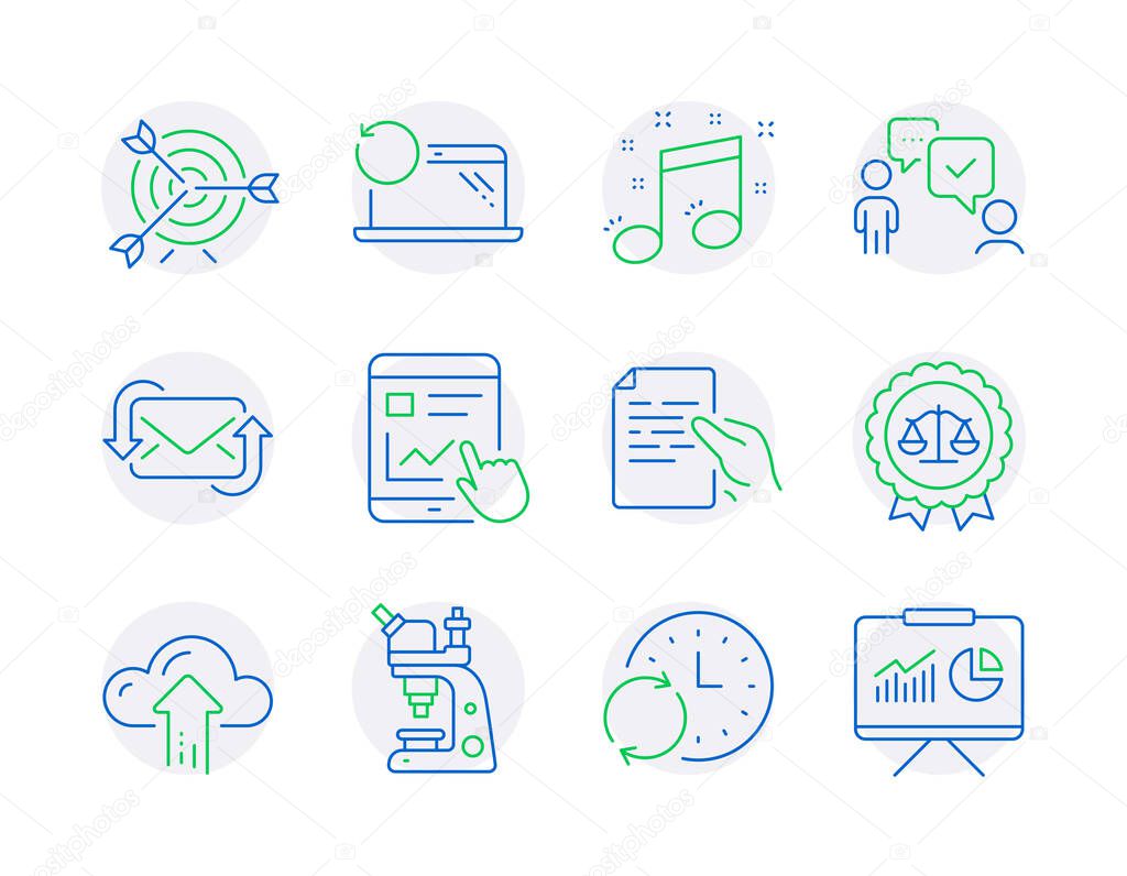 Education icons set. Included icon as Internet report, Justice scales, Microscope signs. Recovery laptop, Cloud upload, Consulting business symbols. Update time, Hold document, Target. Vector