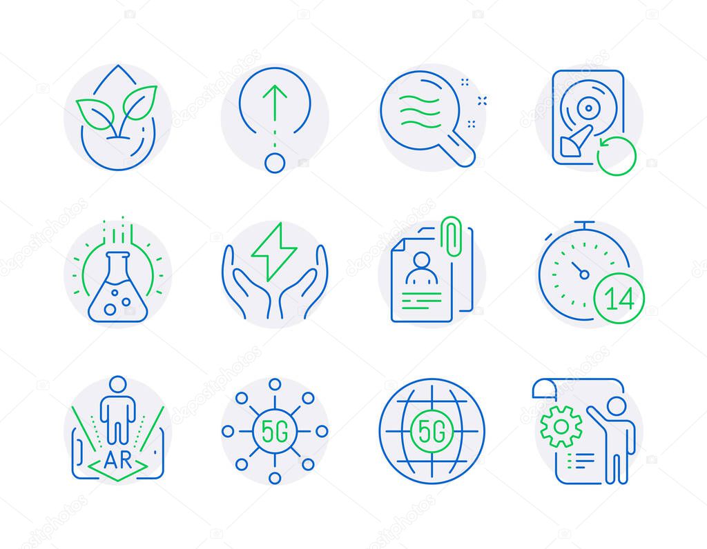 Science icons set. Included icon as Augmented reality, 5g internet, Chemistry lab signs. Safe energy, Recovery hdd, 5g technology symbols. Swipe up, Skin condition, Interview documents. Vector