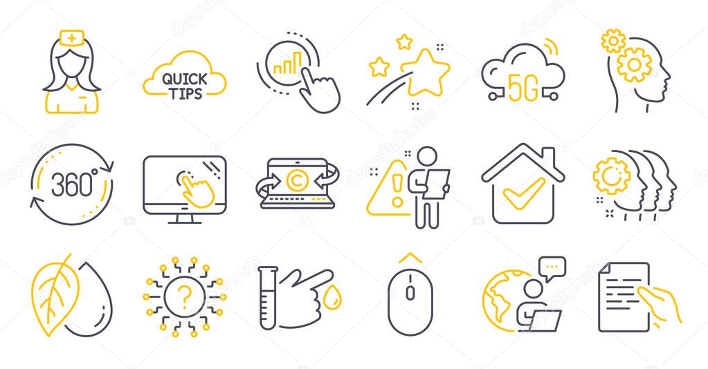 Set of Science icons, such as Employees teamwork, Thoughts, Full rotation symbols. Quick tips, 5g cloud, Question mark signs. Blood donation, Copywriting notebook, Graph chart. Mineral oil. Vector