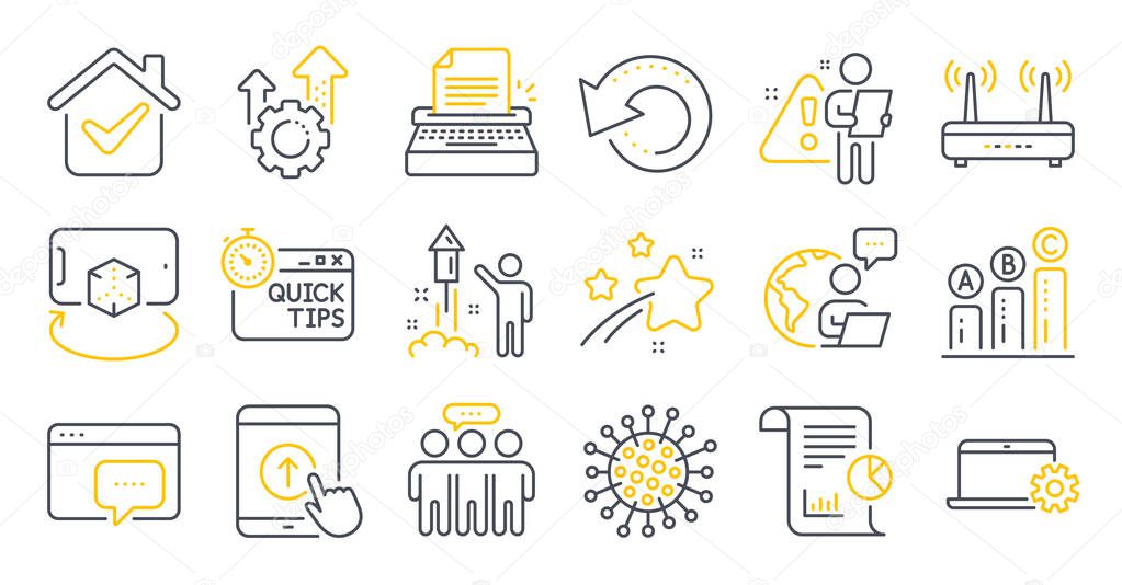 Set of Science icons, such as Coronavirus, Typewriter, Quick tips symbols. Swipe up, Report, Recovery data signs. Fireworks, Graph chart, Wifi. Notebook service, Seo message, Seo gear. Vector