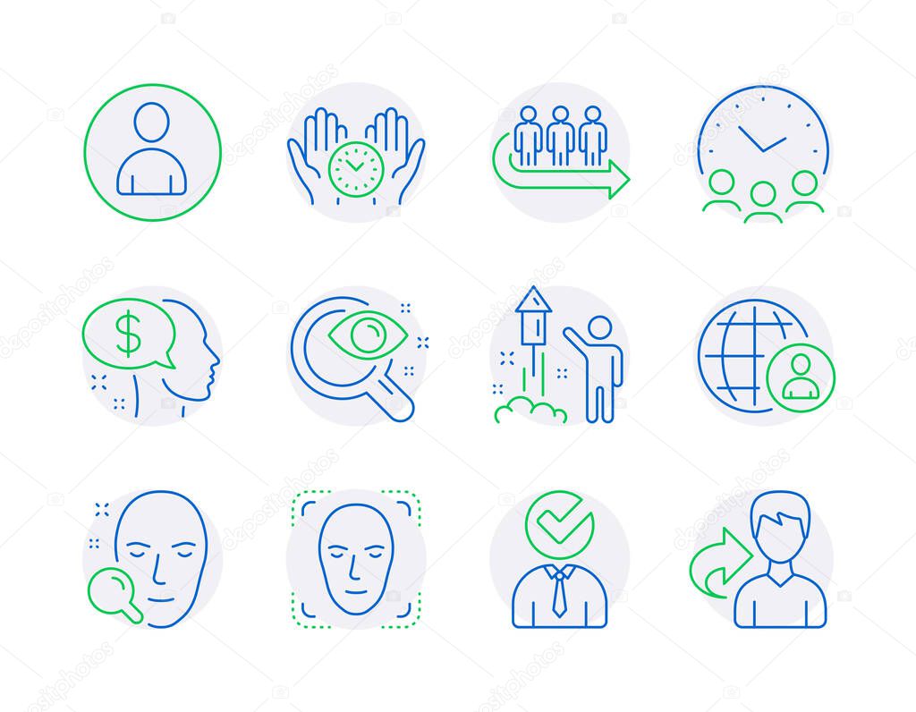 People icons set. Included icon as Fireworks, Vision test, International recruitment signs. Pay, Face detection, Safe time symbols. Face search, Avatar, Meeting time. Vacancy, Queue, Share. Vector