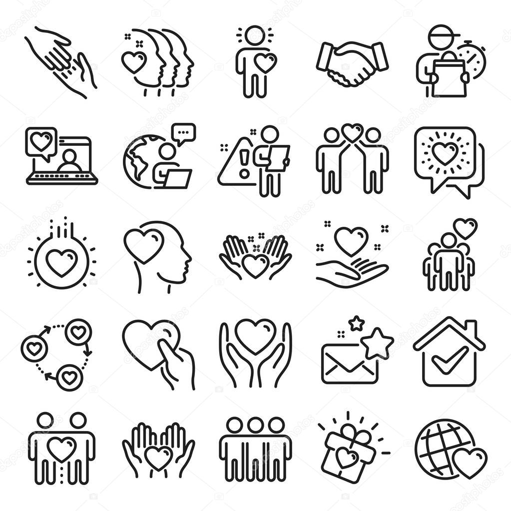 Friendship and love line icons. Interaction, Mutual understanding and assistance business. Trust handshake, social responsibility, mutual love icons. Trust friends, partnership. Line icon set. Vector