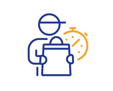 Teslimatçı çizgisi ikonu. Ekspres kurye işareti. Sipariş teslim sembolü. Kalite tasarım elemanı. Çizgi tarzı teslimatçı ikonu. Düzenlenebilir felç. Vektör