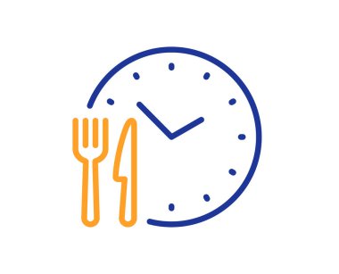 Yemek zamanı ikonu. Yemek siparişi saat işareti. Restoranın açılış saati sembolü. Kalite tasarım elemanı. Sıra tarzı yemek zamanı ikonu. Düzenlenebilir felç. Vektör