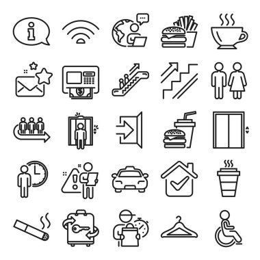 Kamu Hizmetleri, Wifi hat simgeleri. Asansör, vestiyer ve taksi ikonları. Çıkış, ATM ve yürüyen merdiven. Eş, asansör ya da restoran yemeği. Vestiyer, bilgi, kahve ve sigara. Vektör