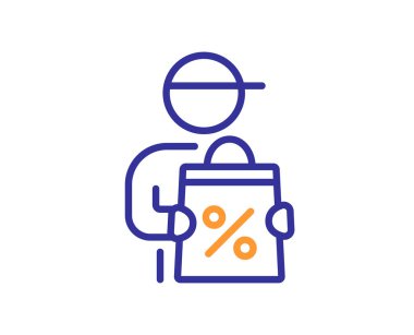 Teslimat indirimi simgesi. Teklif levhası. Kurye terfi sembolü. Kalite tasarım elemanı. Satır tarzı dağıtım indirim simgesi. Düzenlenebilir felç. Vektör