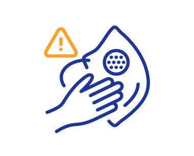 Maske çizgisi simgesine dokunma. El uyarı işareti. Tıbbi maske hijyen bildirim sembolü. Kalite tasarım elemanı. Çizgi stili kirli maske simgesi. Düzenlenebilir felç. Vektör