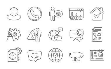 360 derece, inceleme sonuçları ve çark ayırıcı çizgi simgeleri ayarlandı. Rapor belgesi, kurye çalışanlar ve tatlı gülümseme işaretleri. Küresel sigorta, ana kart ve çark sembolleri. Satır simgeleri ayarlandı. Vektör