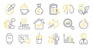 Set of Business icons, such as Pay, Accounting report, Money bag symbols. Coffee cocktail, Eye drops, Coffee cup signs. Copyrighter, Leaves, Data analysis. Capsule pill, Security agency. Vector clipart