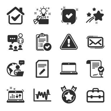 İnsanların sohbet etmesi, onaylanmış anlaşma, onaylanmış semboller gibi bir dizi eğitim ikonu. Hisse senedi analizi, kurye postası, ses kontrol işaretleri. Yaratıcı fikir, belge düzenleme, yıldız sıralama. Vektör