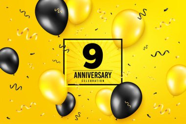 9. yıl dönümü. Yıldönümü balonu konfeti arka planı. Dokuz yıldır ikonu kutluyoruz. Sarı bayrağı kutlayın. Doğum günü partisi balonu geçmişi. Çerçeveleme kutusunda yaş. Vektör