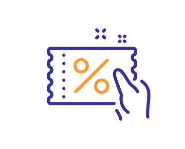 İndirim kuponu çizgisi simgesi. Teklif levhası. Promosyon fiyatı sembolü. Kalite tasarım elemanı. Satır stili indirim kuponu ikonu. Düzenlenebilir felç. Vektör