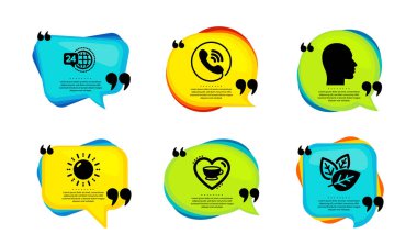 Kahve, kafa ve güneş enerji ikonları basit set. Tırnak içinde konuşma balonu. Çağrı merkezi, 24 saat hizmet ve organik test tabelaları. Cappuccino bardağı, insan profili, güneş enerjisi. Vektör