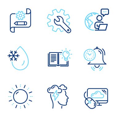 Bilim simgeleri ayarlandı. Farkındalık stresi, zaman yönetimi, ürün bilgi işaretleri gibi simgeleri de içeriyor. Gümrük, çark planı, dondurucu su sembolleri. Güneş enerjisi, bulut hesaplaması. Vektör