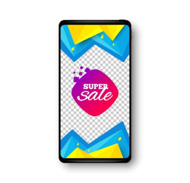 Süper satış afişi. Telefon modelleme vektör pankartı. İndirimli çıkartma şekli. Kupon ikonu. Sosyal hikaye posta şablonu. Süper satış rozeti. Cep telefonu çerçevesi. Soyut modern arka plan. Vektör