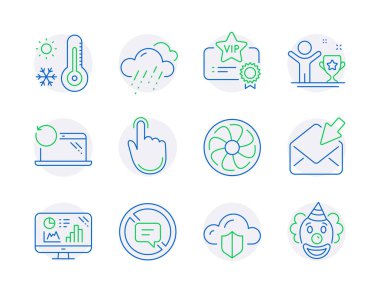 Business icons set. Included icon as Recovery laptop, Fan engine, Analytics graph signs. Stop talking, Open mail, Hand click symbols. Weather thermometer, Vip certificate, Winner cup. Vector clipart