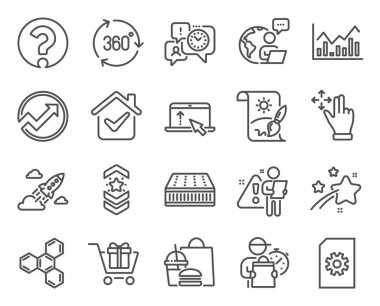 İş simgeleri ayarlandı. Yaratıcı resim simgesi olarak eklenmiş, 360 derece, tabelaları silin. Omuz askısı, el hareketi, alışveriş arabası sembolleri. Denetim, Zaman yönetimi, Infochart. Soru işareti. Vektör