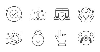 Elini tıkla, güneşli hava ve zaman çizgisi simgeleri ayarlandı. Temiz cilt, aşağı kaydır ve güvenlik işaretlerini doğruladı. Laptop sigortası, Mühendislik takım sembolleri. Kaliteli çizgi simgeleri. El rozetini tıkla. Vektör