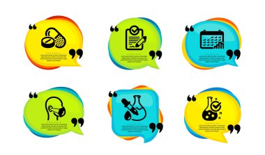 Takvim grafiği, Kimya deneyi ve Rfp simgeleri basit küme. Tırnak içinde konuşma balonu. Tıbbi maske, tıbbi ilaçlar ve kimya laboratuvar işaretleri. Vektör